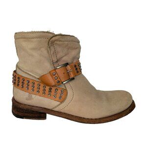 FELMINI Ankle Boots Nobuck Leather Buckle Studded Strap Pull-On Casual Tan 7